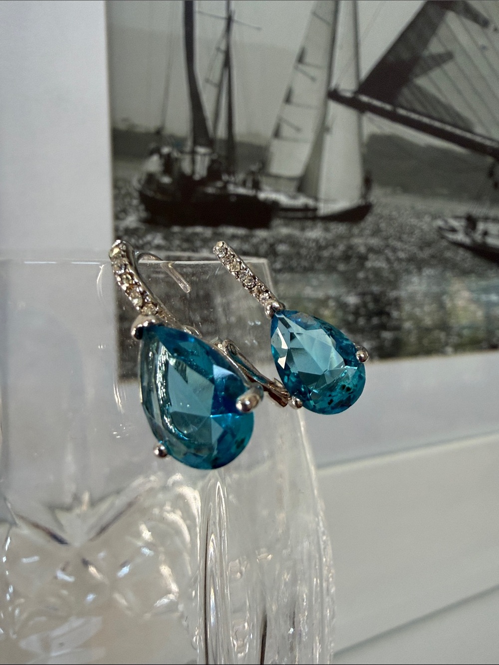 Crystal Teardrop Dangle Earrings in Bright Blue - Unbranded